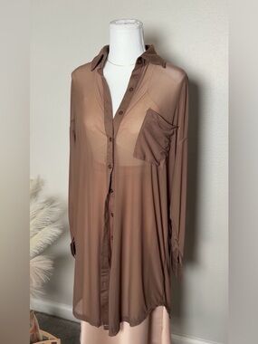 New Better Be - Women’s Brown Sheer Mesh Button up
